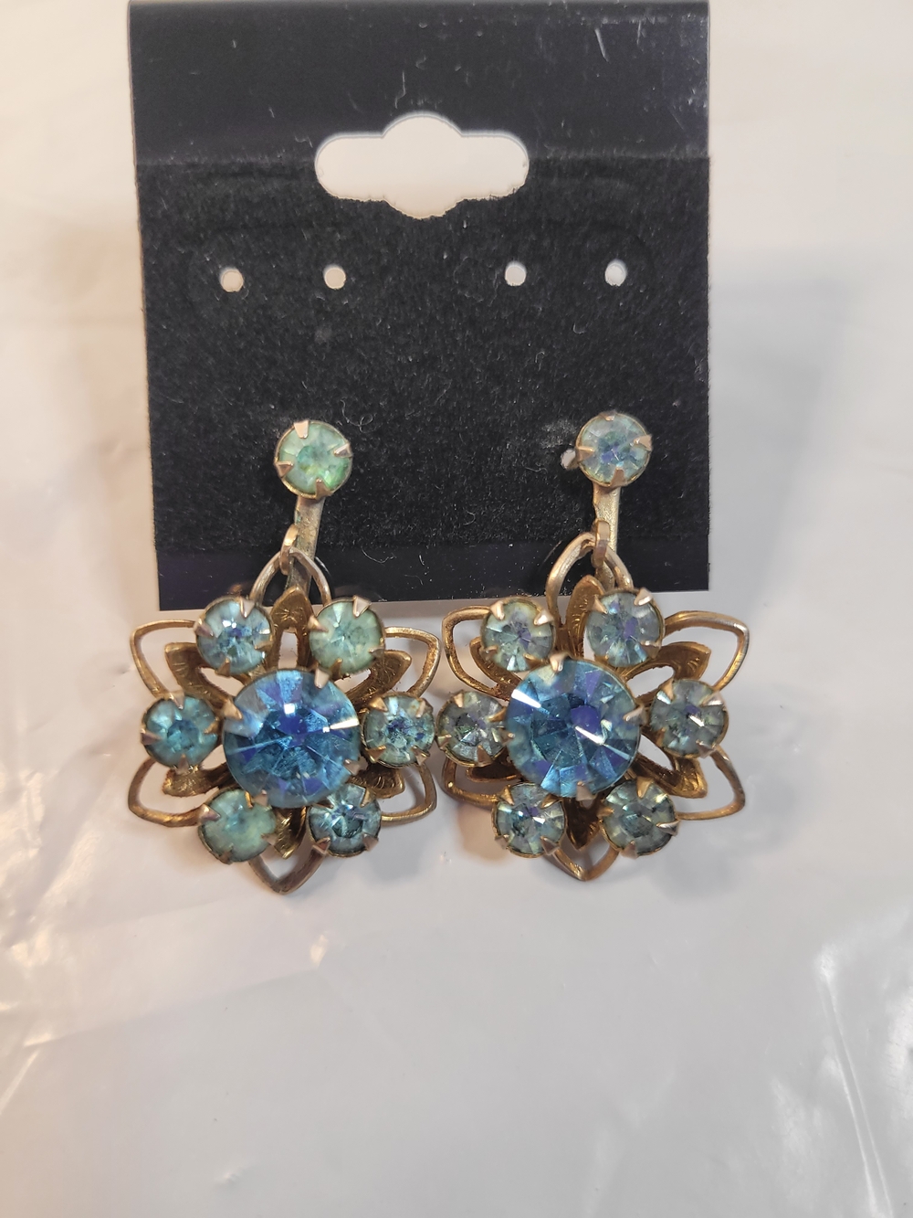 Vintage Blue Rhinestone Cluster Flower Screwback Earrings (T)